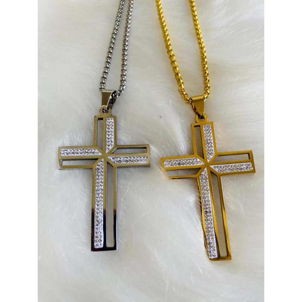 Gold and Silver Tone Cross Pendant Necklaces with Rhinestone Detailing